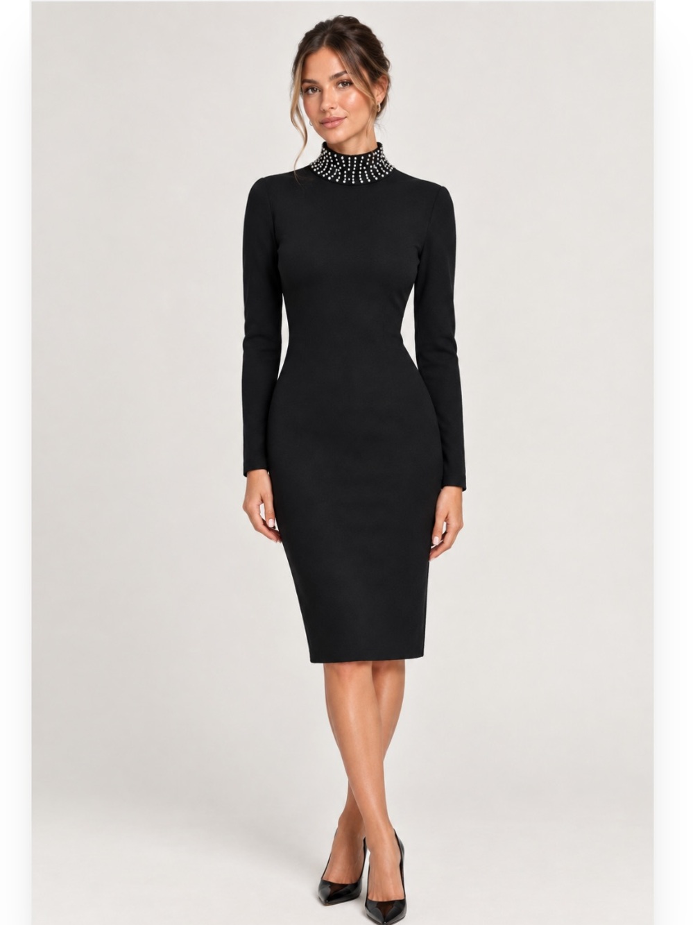 bebe Black Long-Sleeve Midi Dress with Embellished High Neckline